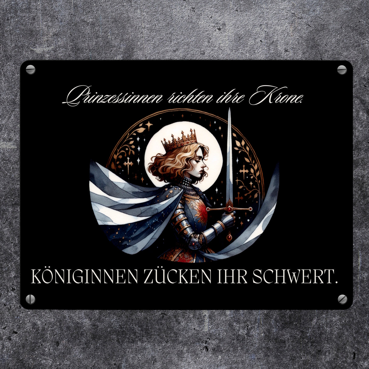 Königin mit Schwert Metallschild in 15x20 cm mit Spruch Königinnen zücken ihr Schwert