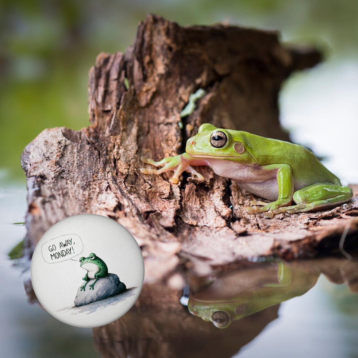 Griesgrämiger Frosch Magnet rund mit Spruch Go away, Monday!