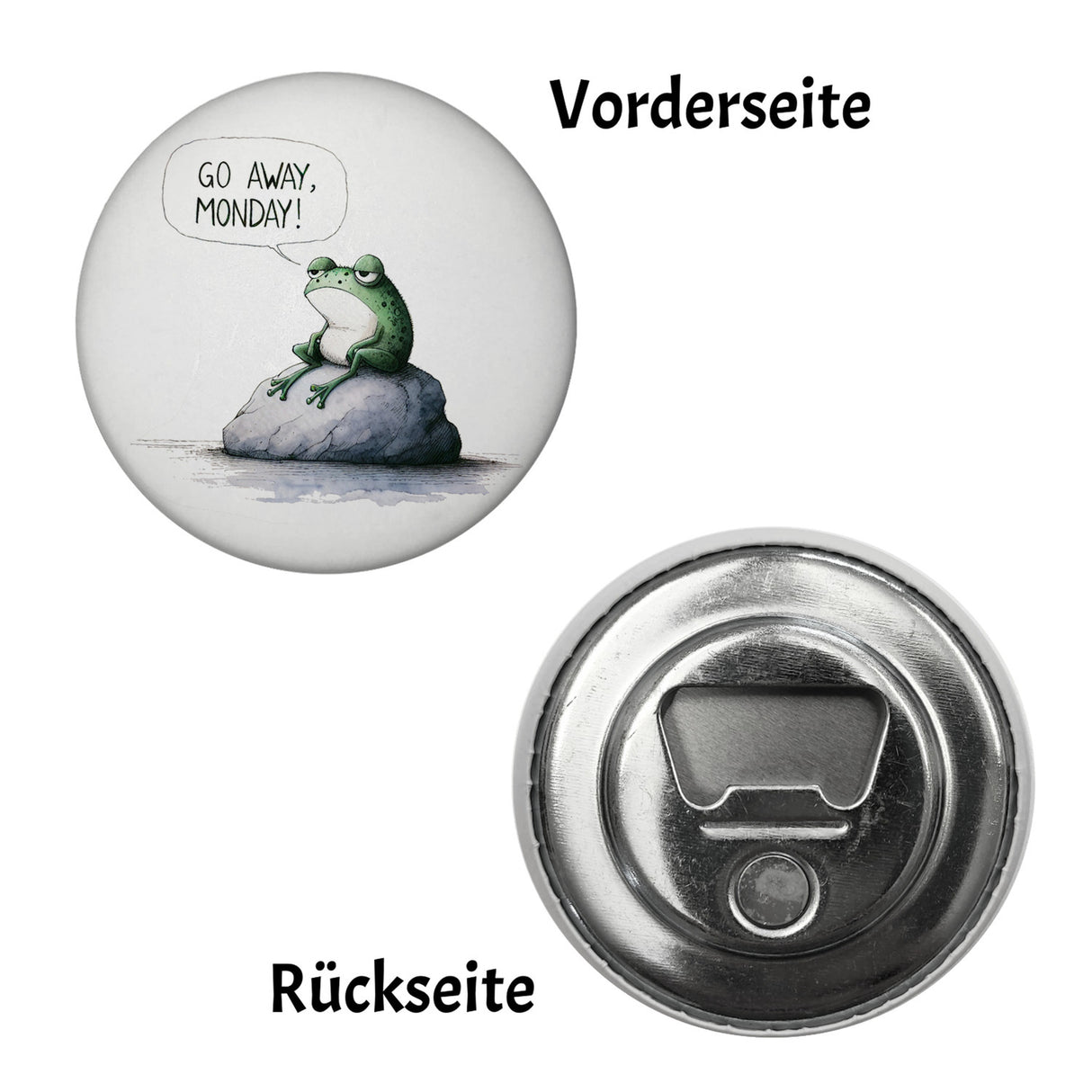 Griesgrämiger Frosch Magnet rund mit Spruch Go away, Monday!