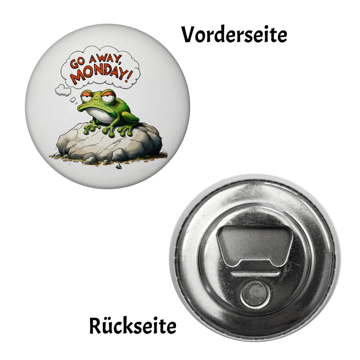Mürrischer Frosch auf Stein Magnet rund mit Spruch Go away, Monday!