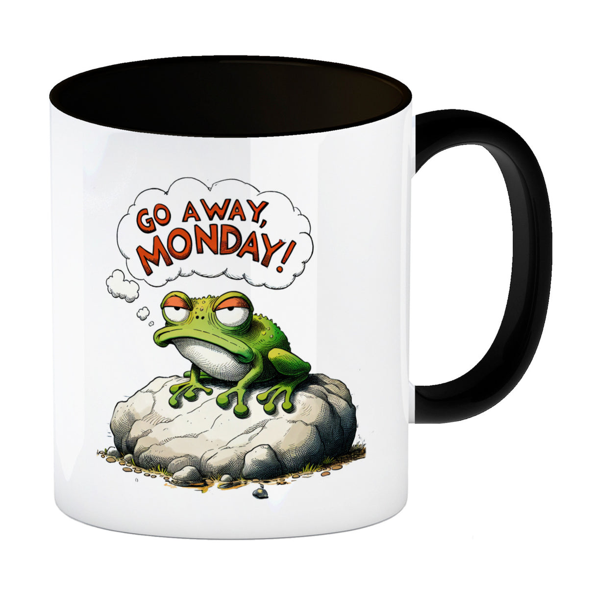 Mürrischer Frosch auf Stein Kaffeebecher mit Spruch Go away, Monday!