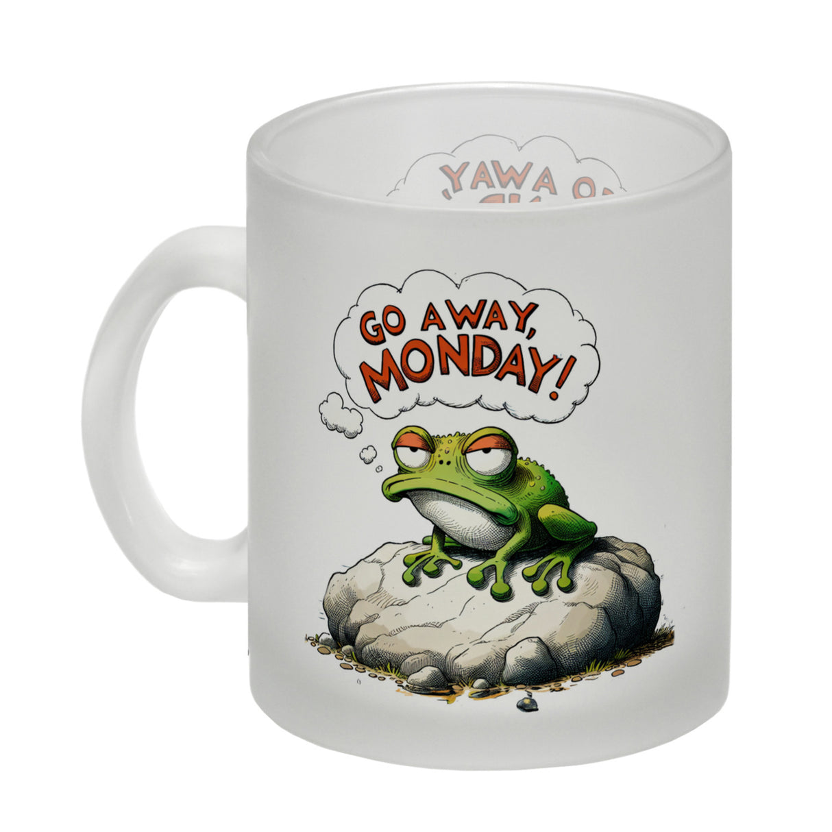 Mürrischer Frosch auf Stein Kaffeebecher mit Spruch Go away, Monday!