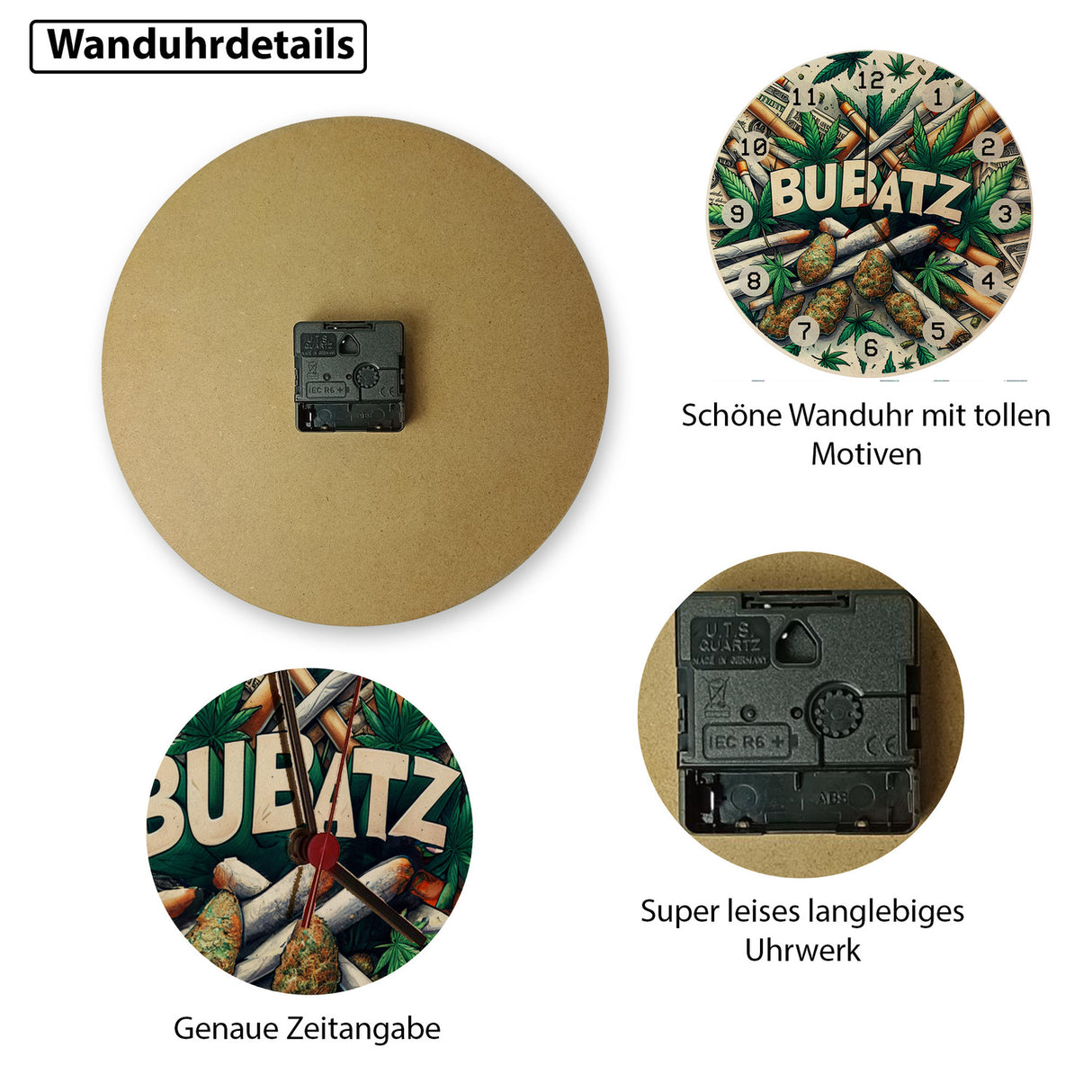 Marihuana Kiffer Wanduhr mit Spruch Bubatz