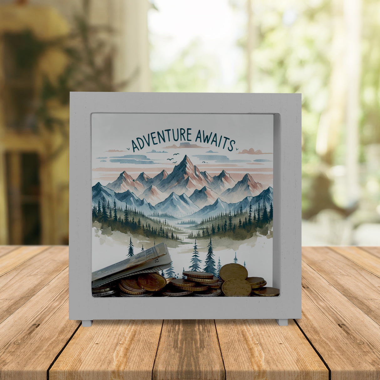 Bergpanorama Spardose mit Spruch Adventure Awaits