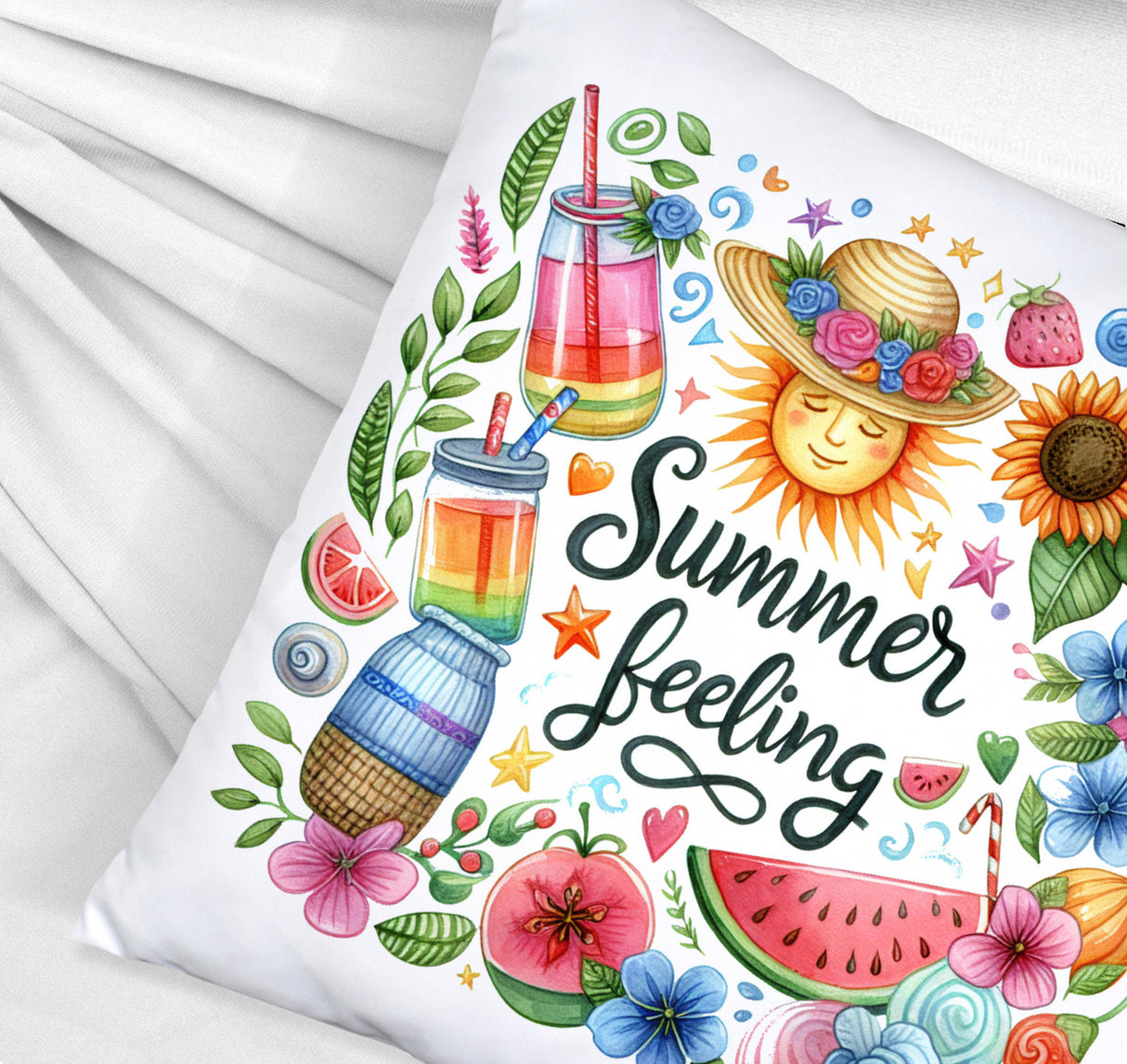 Sonne und Sommer Kissen mit Spruch Summer feeling
