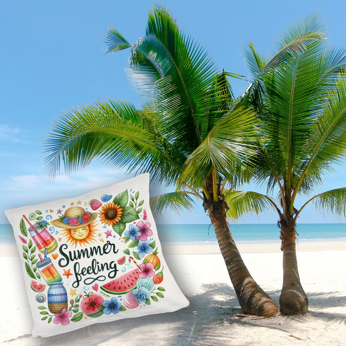 Sonne und Sommer Kissen mit Spruch Summer feeling