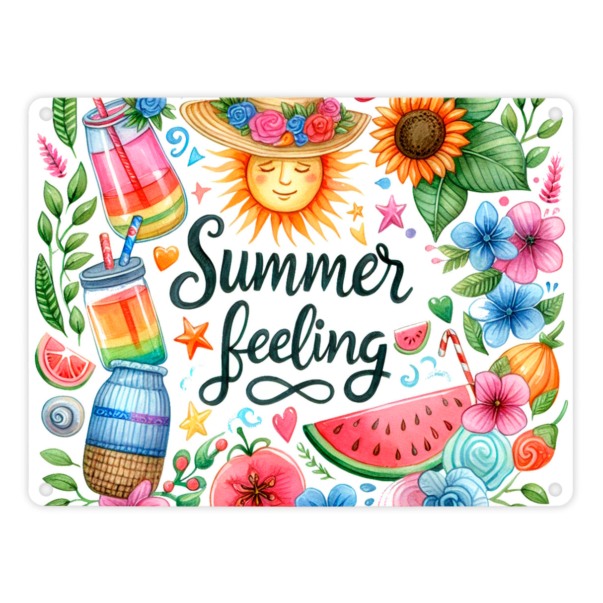 Sonne und Sommer Metallschild in 15x20 cm mit Spruch Summer feeling
