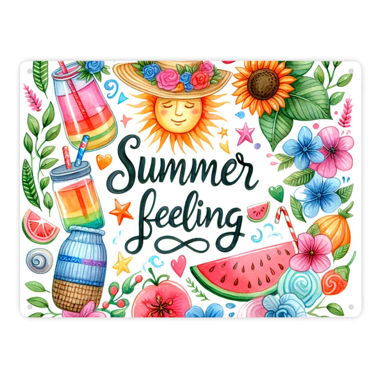 Sonne und Sommer Metallschild in 15x20 cm mit Spruch Summer feeling
