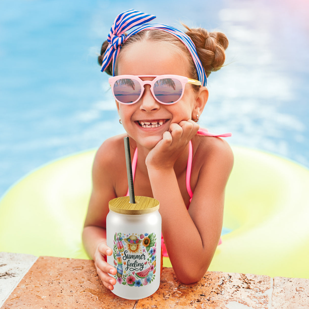 Sonne und Sommer Trinkglas mit Bambusdeckel mit Spruch Summer feeling