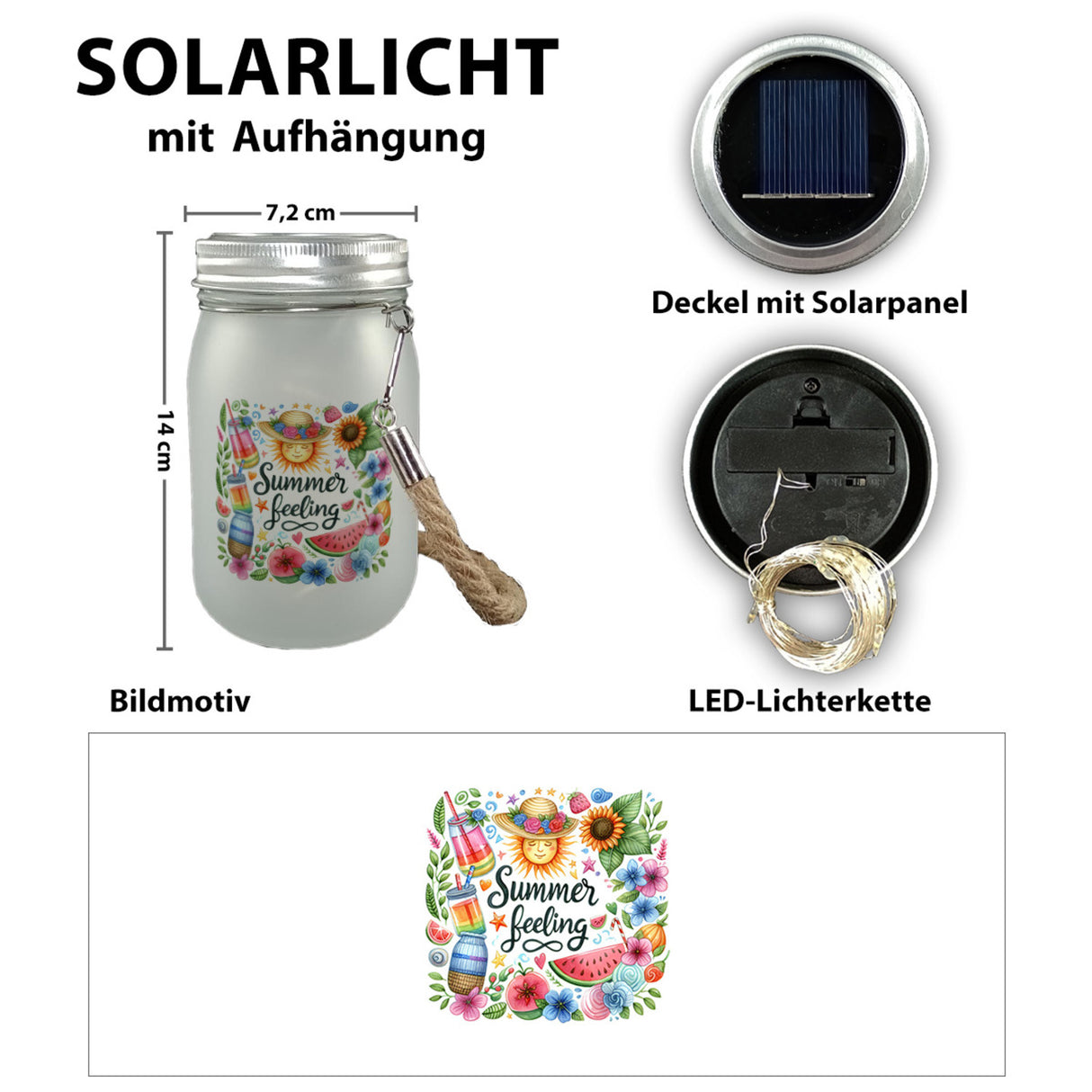 Sonne und Sommer Solarlicht mit Spruch Summer feeling