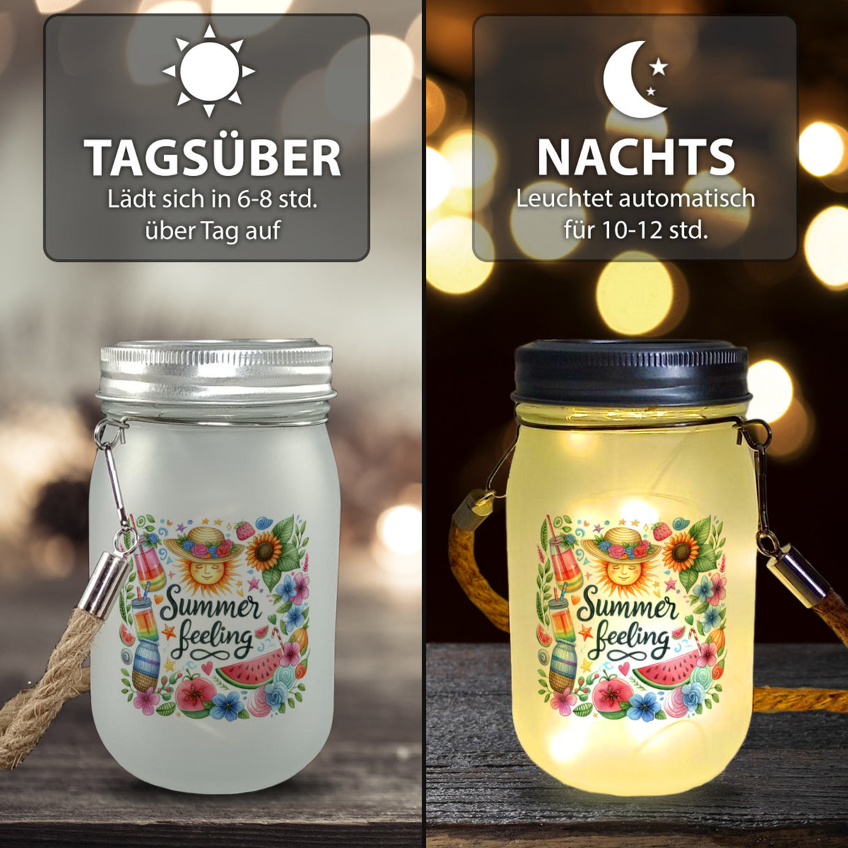 Sonne und Sommer Solarlicht mit Spruch Summer feeling