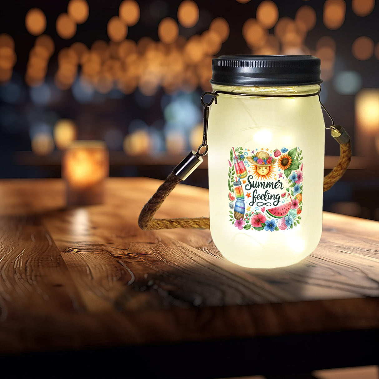 Sonne und Sommer Solarlicht mit Spruch Summer feeling