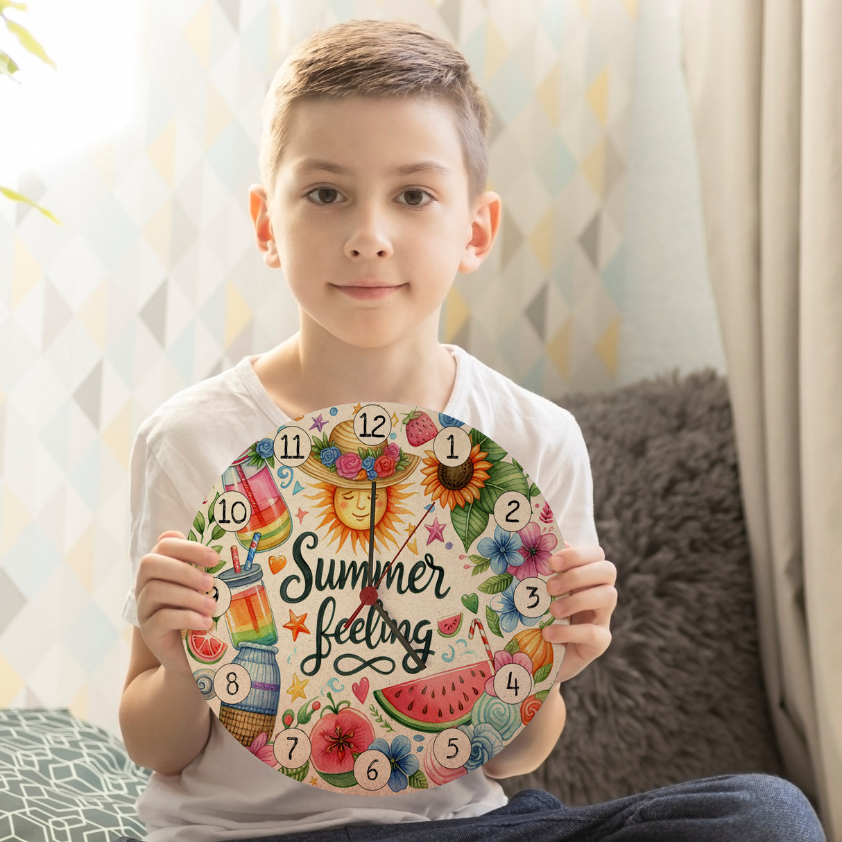Sonne und Sommer Wanduhr mit Spruch Summer feeling