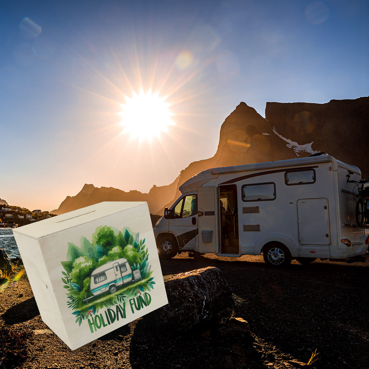 Campingurlaub Urlaubskasse Spardose mit Spruch Holiday Fund