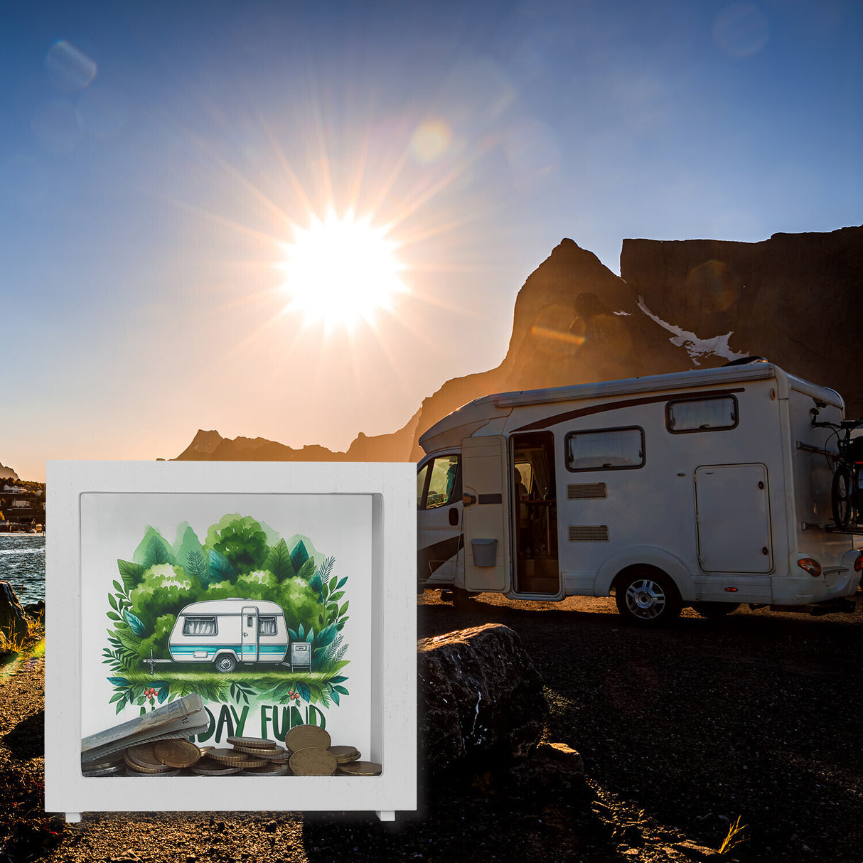 Campingurlaub Urlaubskasse Spardose mit Spruch Holiday Fund