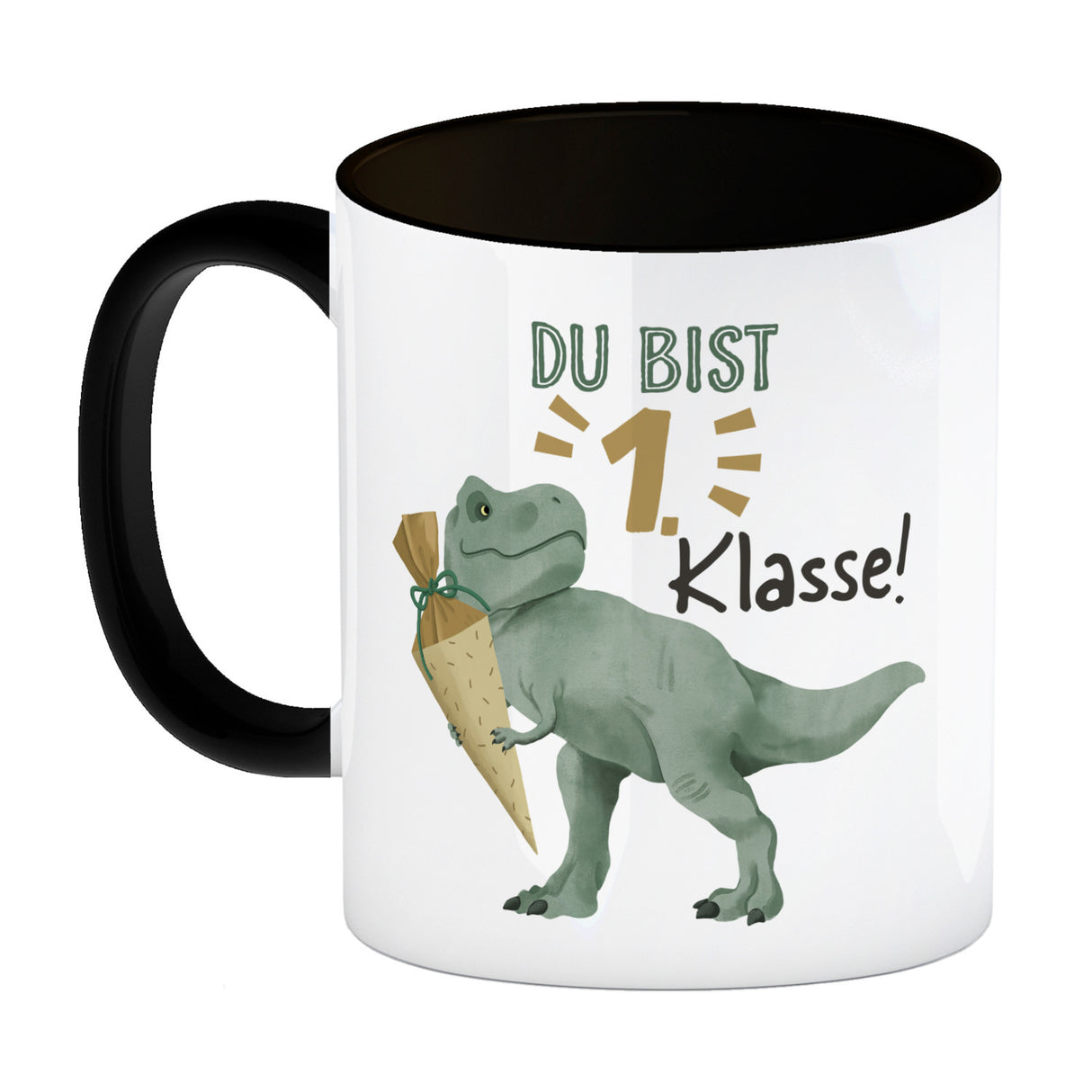 Dino mit Schultüte Kaffeebecher mit Spruch Du bist 1. Klasse!