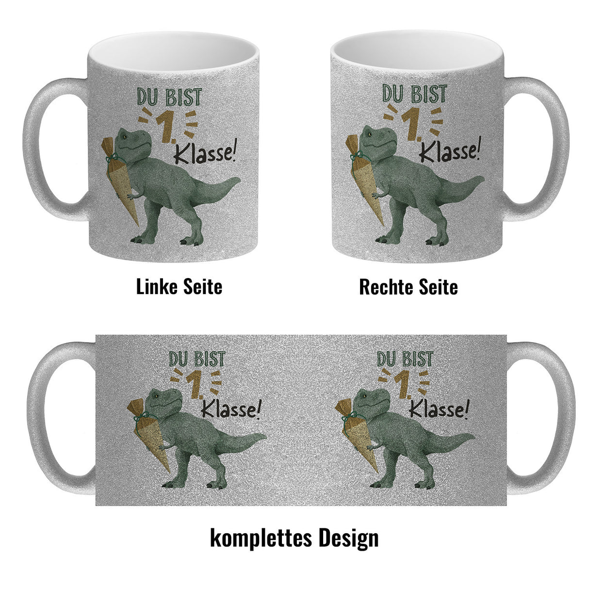 Dino mit Schultüte Kaffeebecher mit Spruch Du bist 1. Klasse!