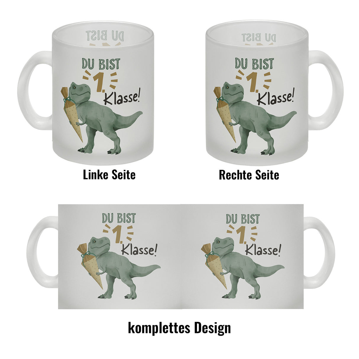 Dino mit Schultüte Kaffeebecher mit Spruch Du bist 1. Klasse!