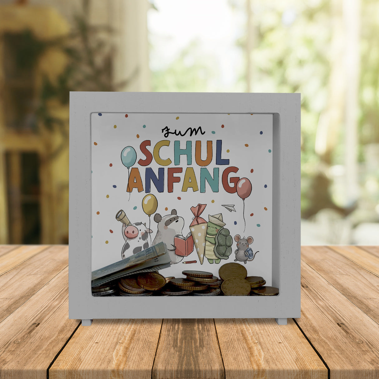 Tiere zur Einschulung Spardose mit Spruch Zum Schulanfang