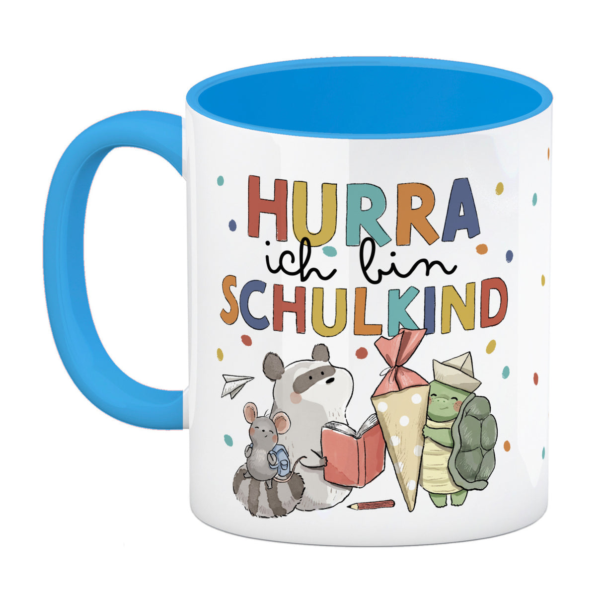 Tiere zur Einschulung Kaffeebecher mit Spruch Hurra ich bin Schulkind
