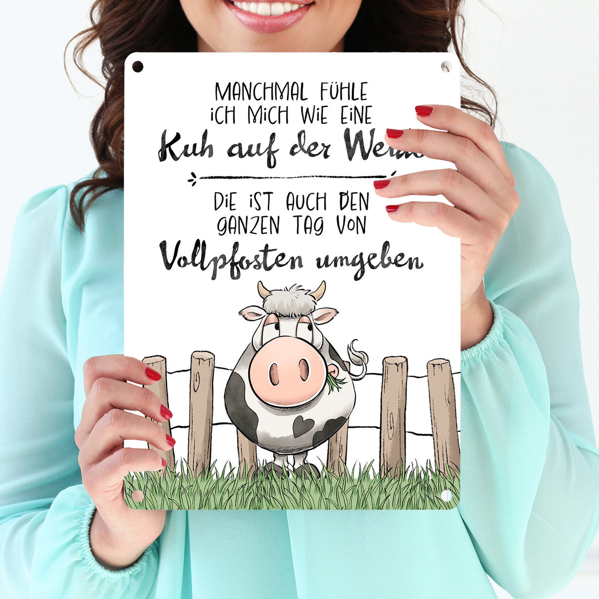 Kuh Metallschild in 15x20 cm mit Spruch Von Vollpfosten umgeben wie eine Kuh