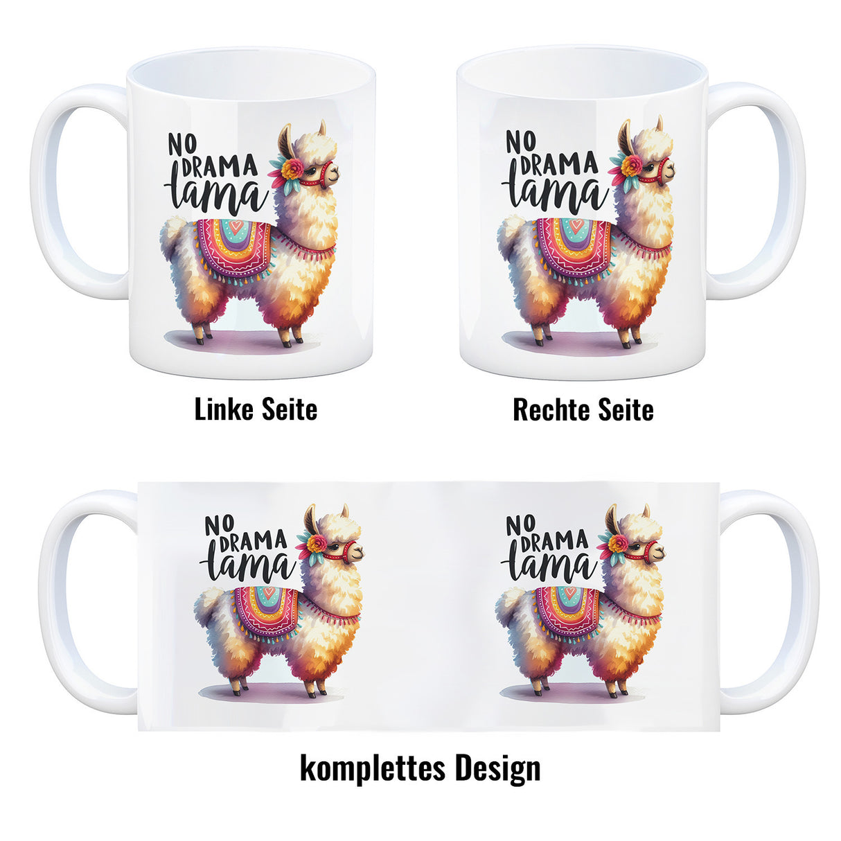 Alpaka mit bunter Satteldecke Kaffeebecher mit Spruch No Drama Lama