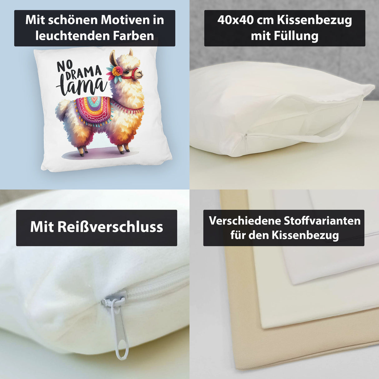 Alpaka mit bunter Satteldecke Kissen mit Spruch No Drama Lama