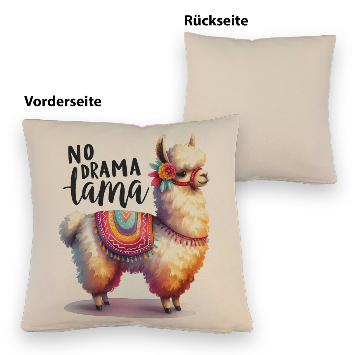 Alpaka mit bunter Satteldecke Kissen mit Spruch No Drama Lama