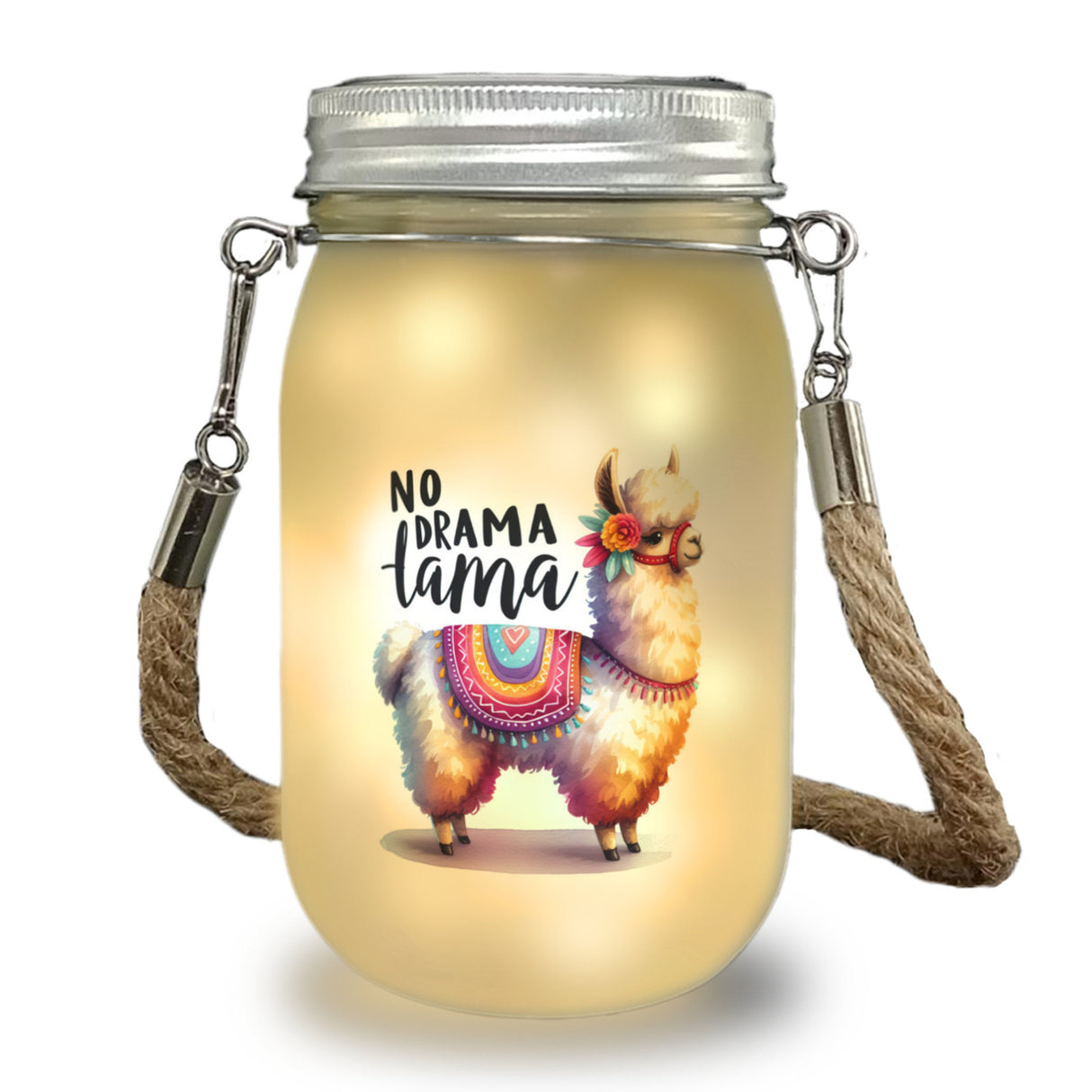 Alpaka mit bunter Satteldecke Solarlicht mit Spruch No Drama Lama