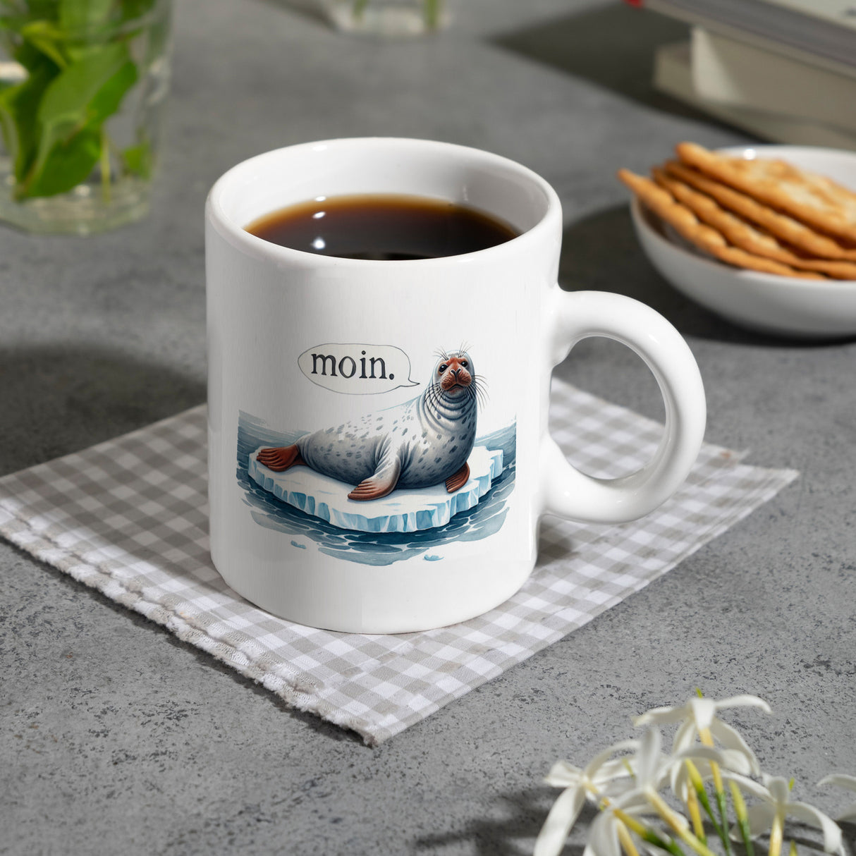 Robbe auf Eisscholle Kaffeebecher mit Spruch Moin