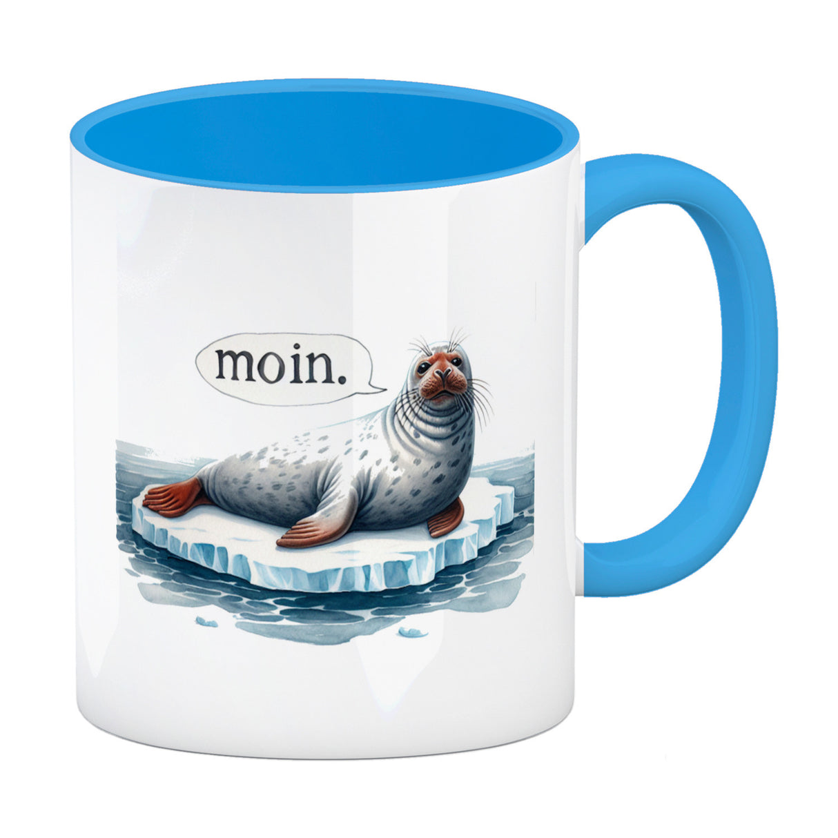 Robbe auf Eisscholle Kaffeebecher mit Spruch Moin