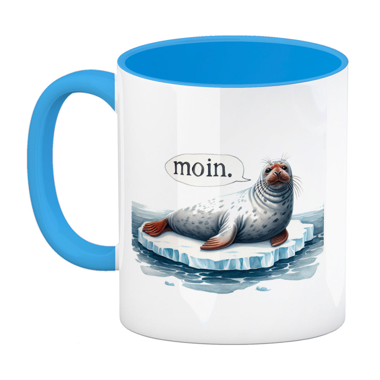 Robbe auf Eisscholle Kaffeebecher mit Spruch Moin
