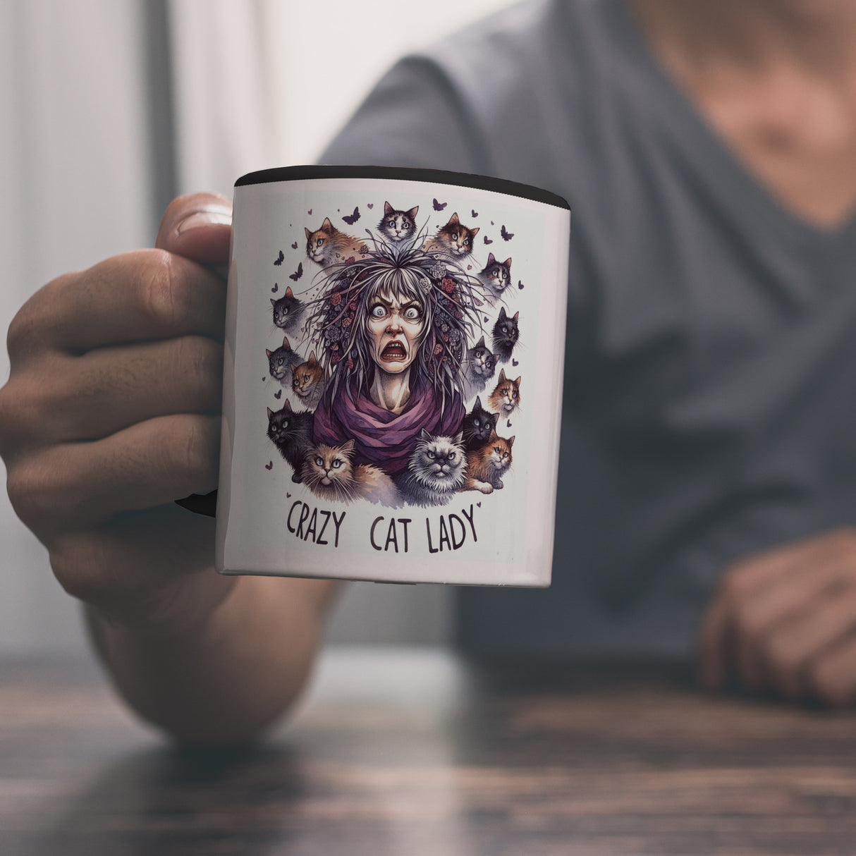 Katzenfrau Kaffeebecher mit Spruch Crazy Cat Lady