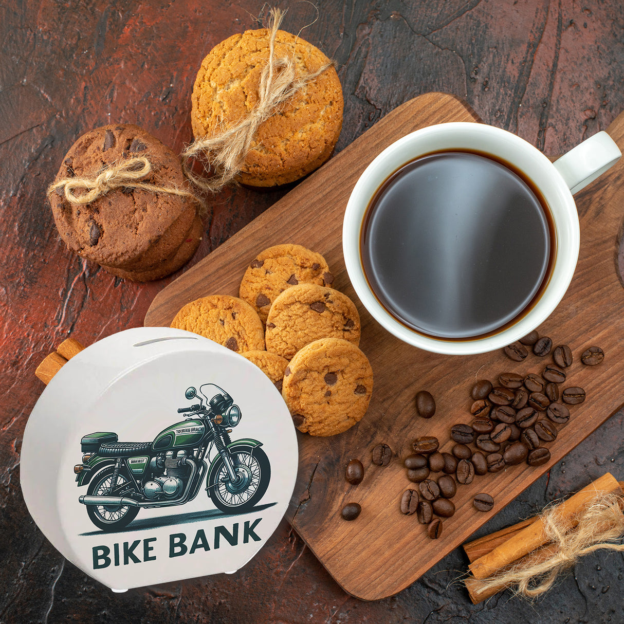 Retro Touring Motorrad Spardose mit Spruch Bike Bank