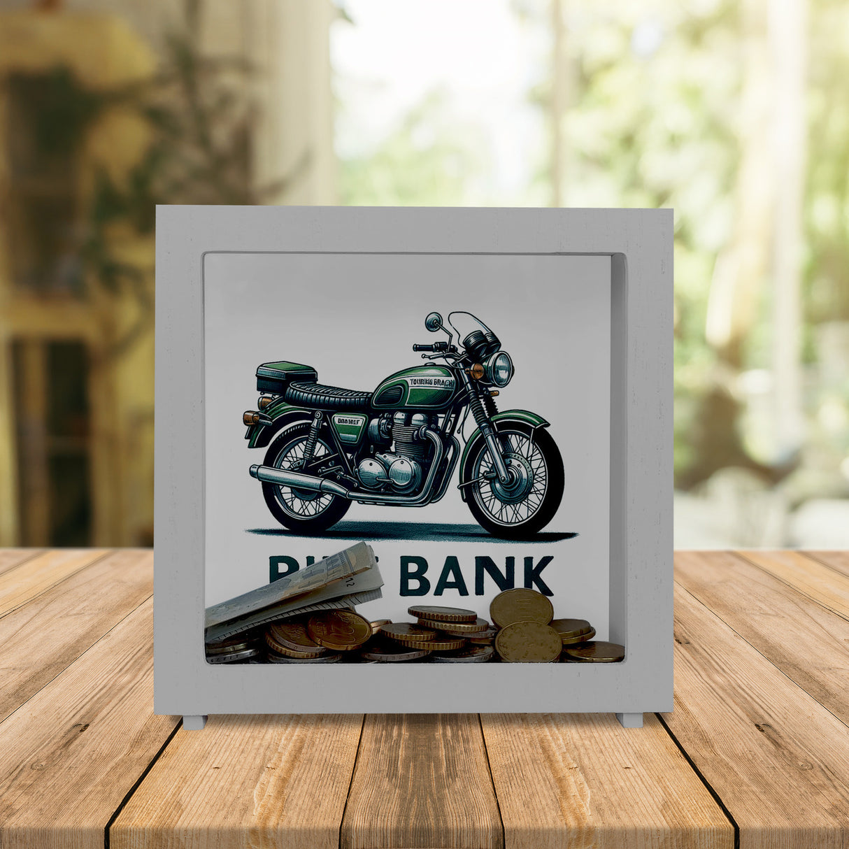 Retro Touring Motorrad Spardose mit Spruch Bike Bank