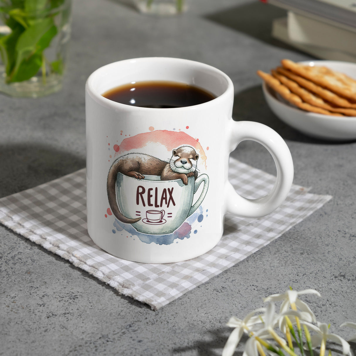 Schlafender Otter Kaffeebecher mit Spruch Relax Tasse