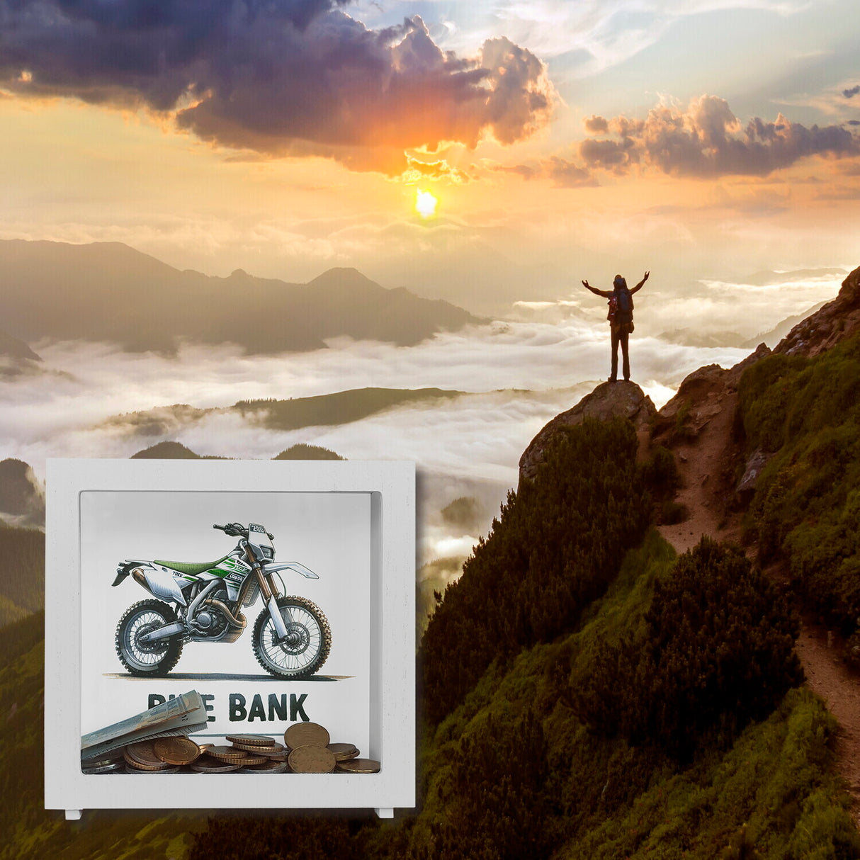 Enduro Motorrad Spardose mit Spruch Bike Bank