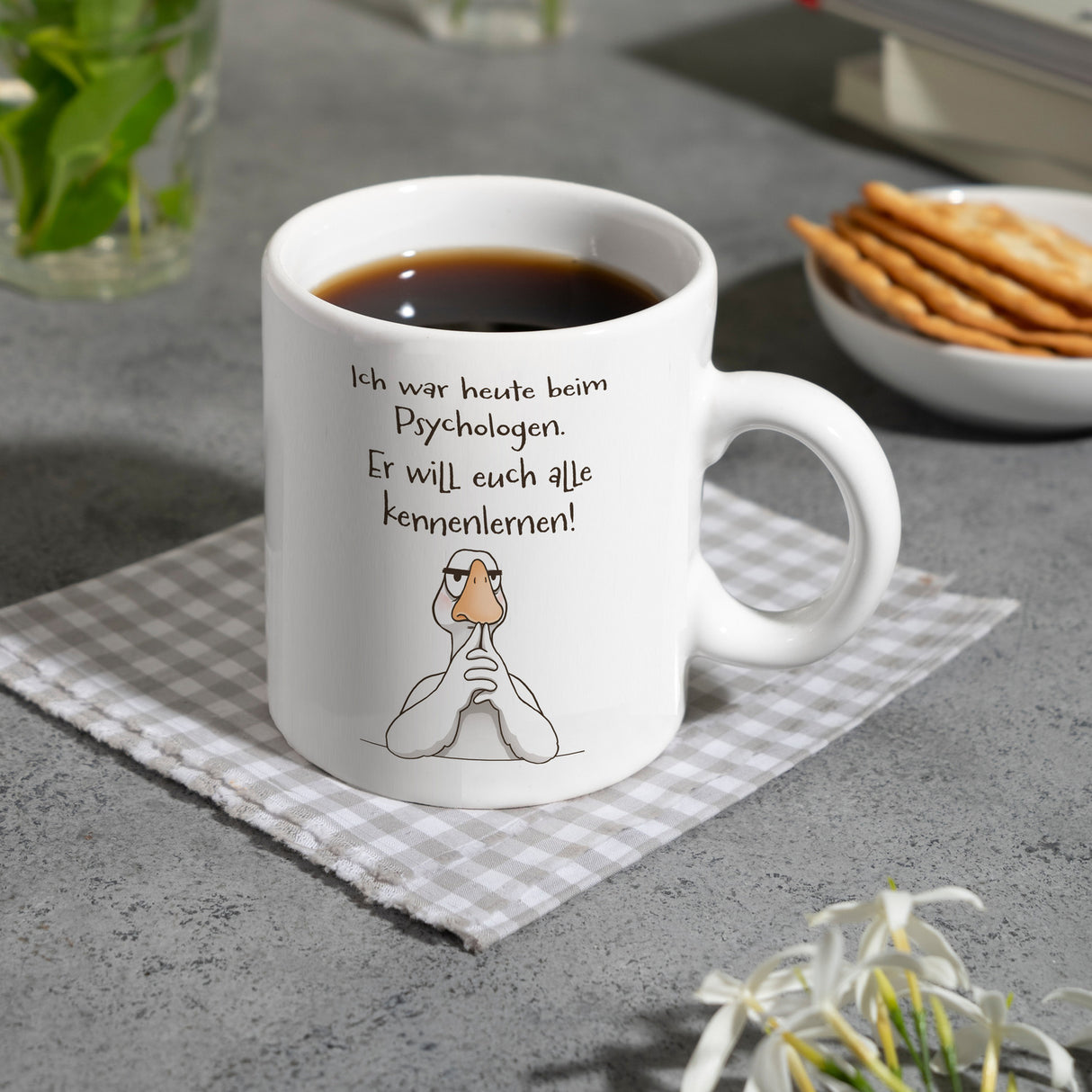 Gilbert die Gans Kaffeebecher mit Spruch Psychologe will euch alle kennenlernen