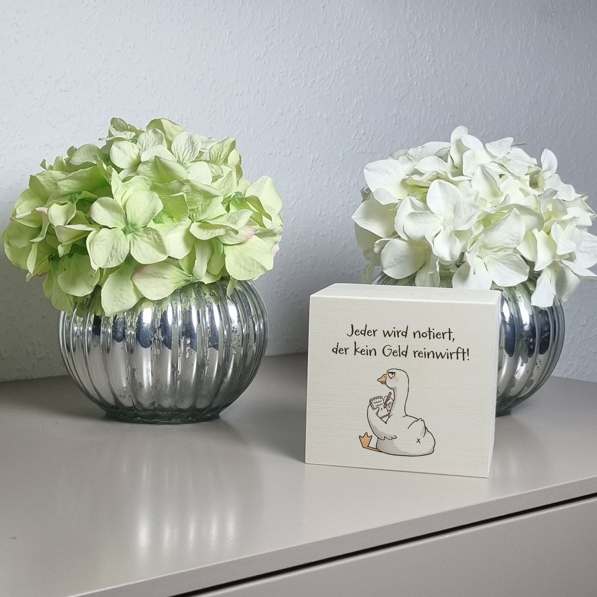 Gilbert die Gans Spardose mit Spruch Notiert wer kein Geld einwirft