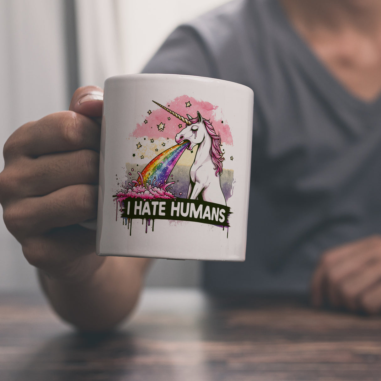 Einhorn kotzt Regenbogen Kaffeebecher mit Spruch I hate Humans