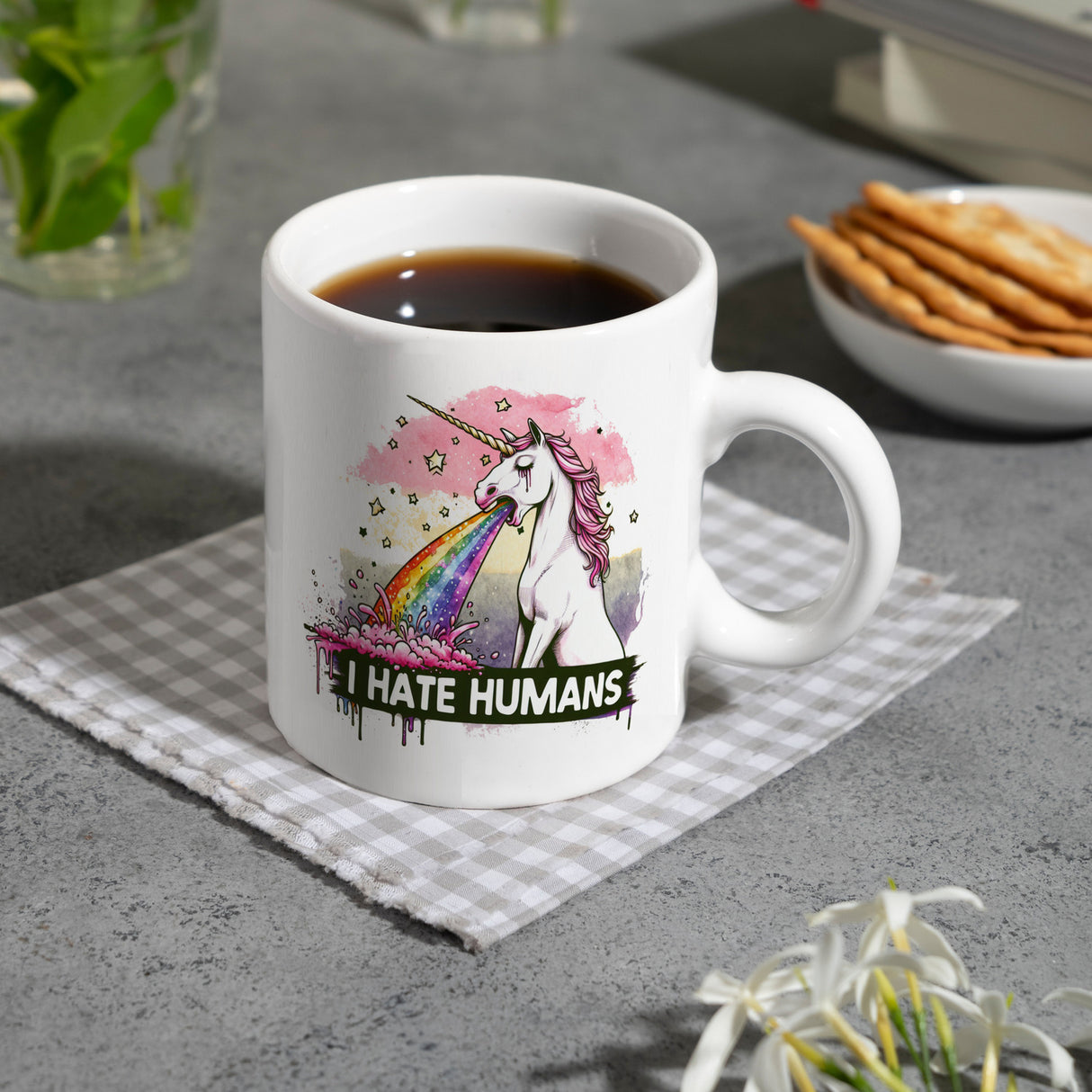 Einhorn kotzt Regenbogen Kaffeebecher mit Spruch I hate Humans