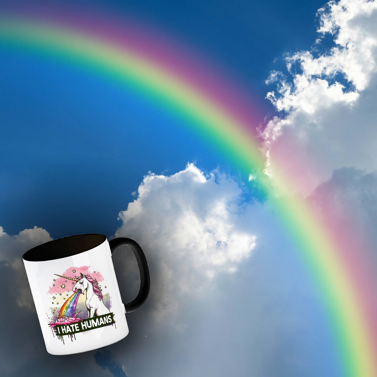 Einhorn kotzt Regenbogen Kaffeebecher mit Spruch I hate Humans