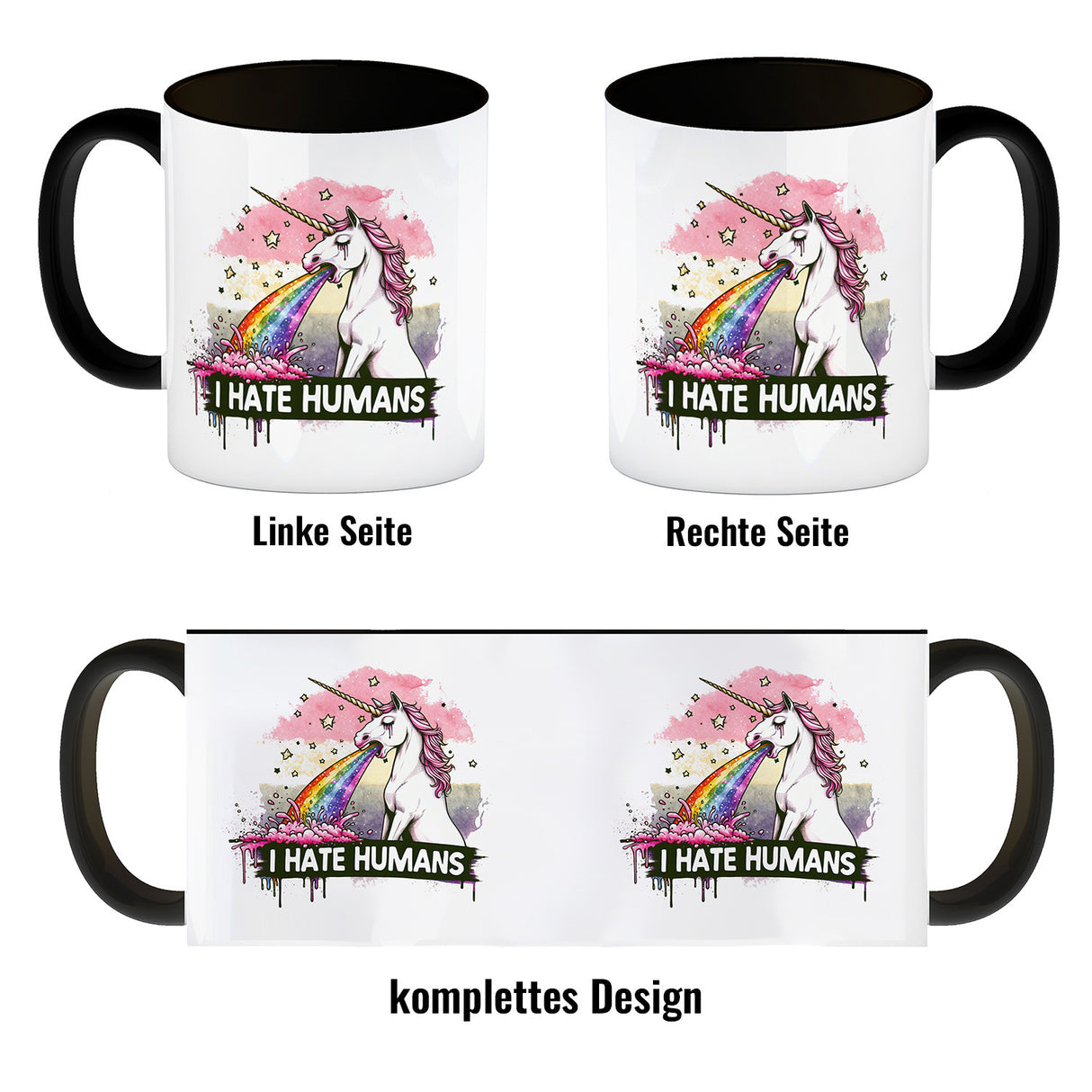 Einhorn kotzt Regenbogen Kaffeebecher mit Spruch I hate Humans