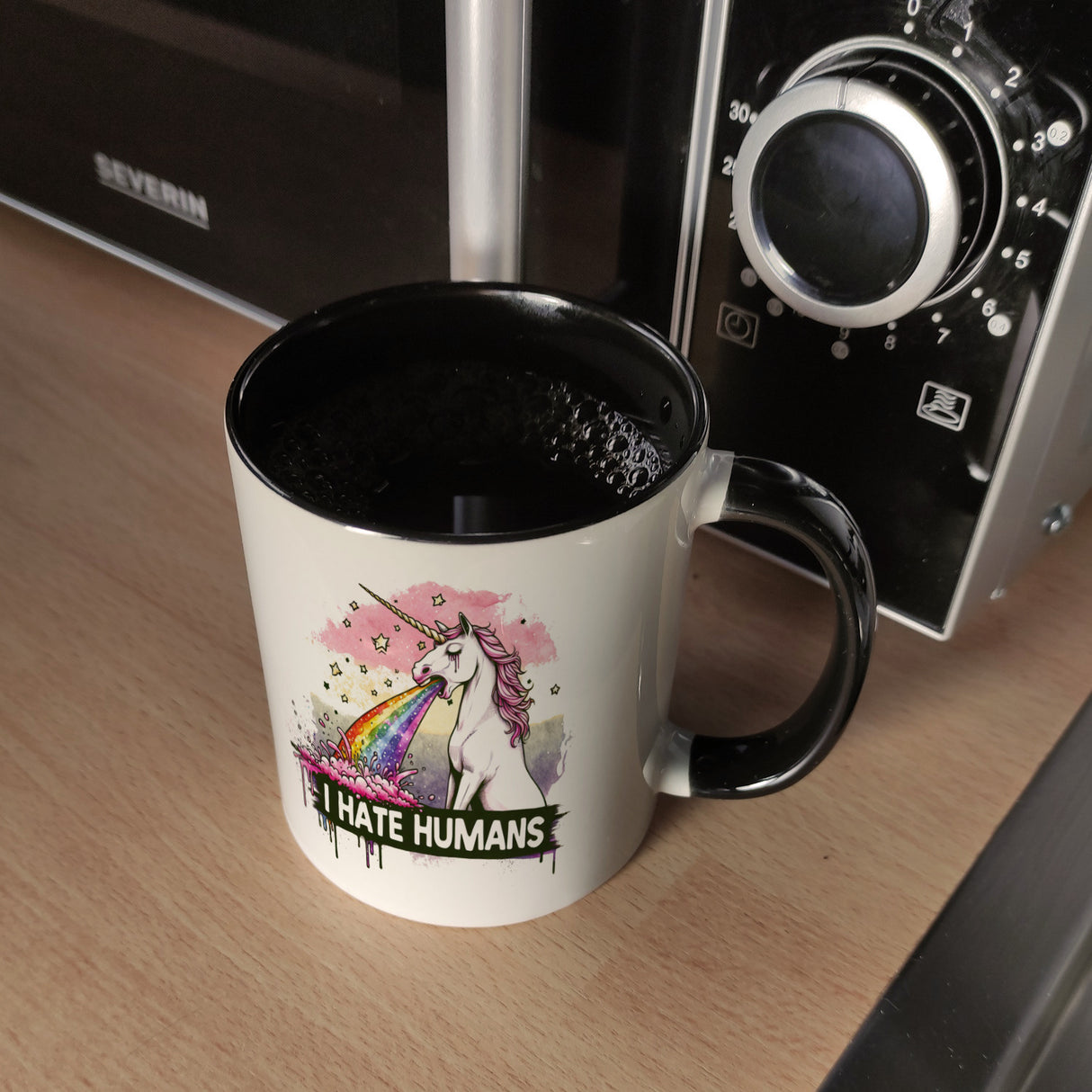 Einhorn kotzt Regenbogen Kaffeebecher mit Spruch I hate Humans
