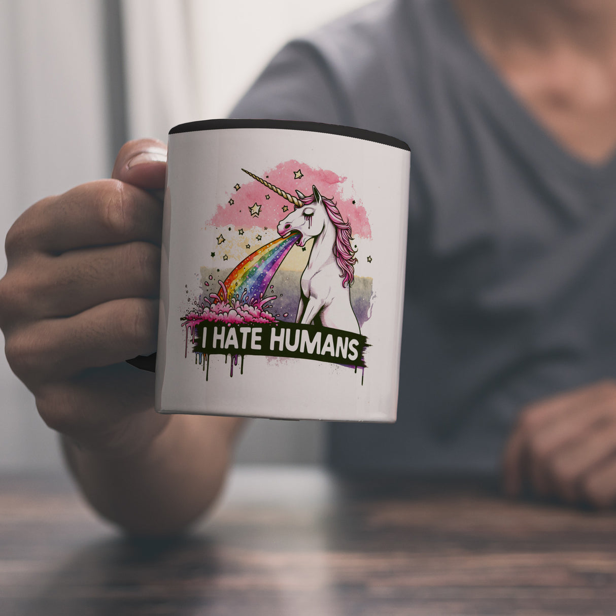 Einhorn kotzt Regenbogen Kaffeebecher mit Spruch I hate Humans