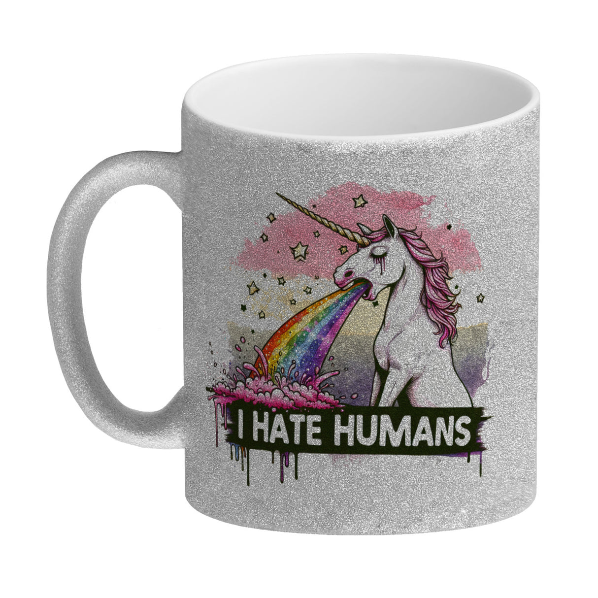 Einhorn kotzt Regenbogen Kaffeebecher mit Spruch I hate Humans