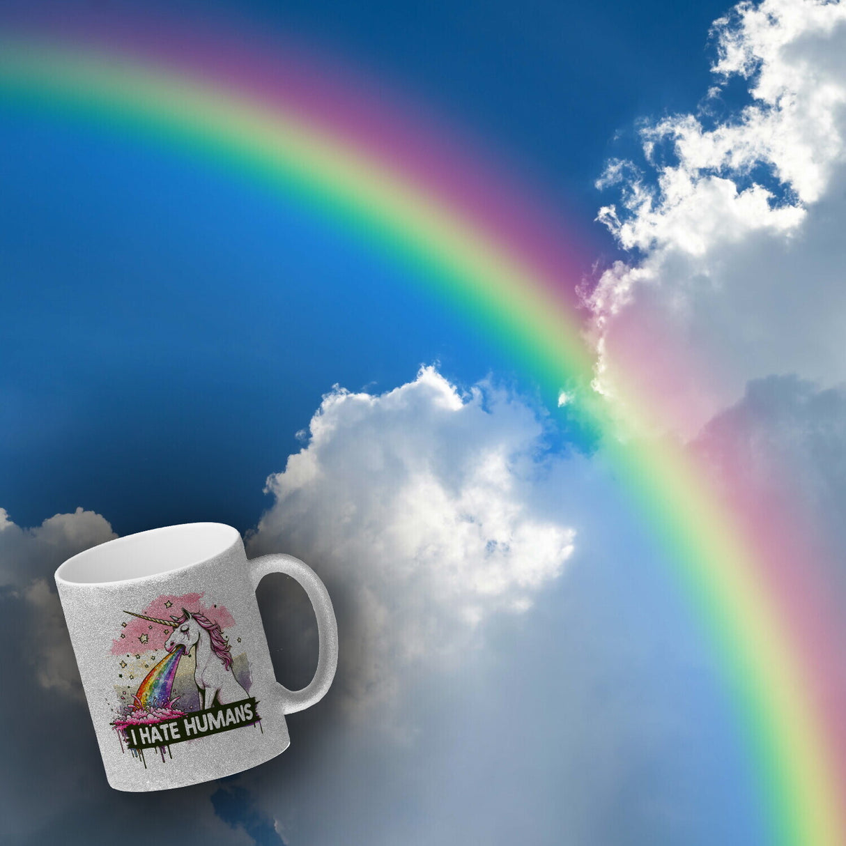 Einhorn kotzt Regenbogen Kaffeebecher mit Spruch I hate Humans