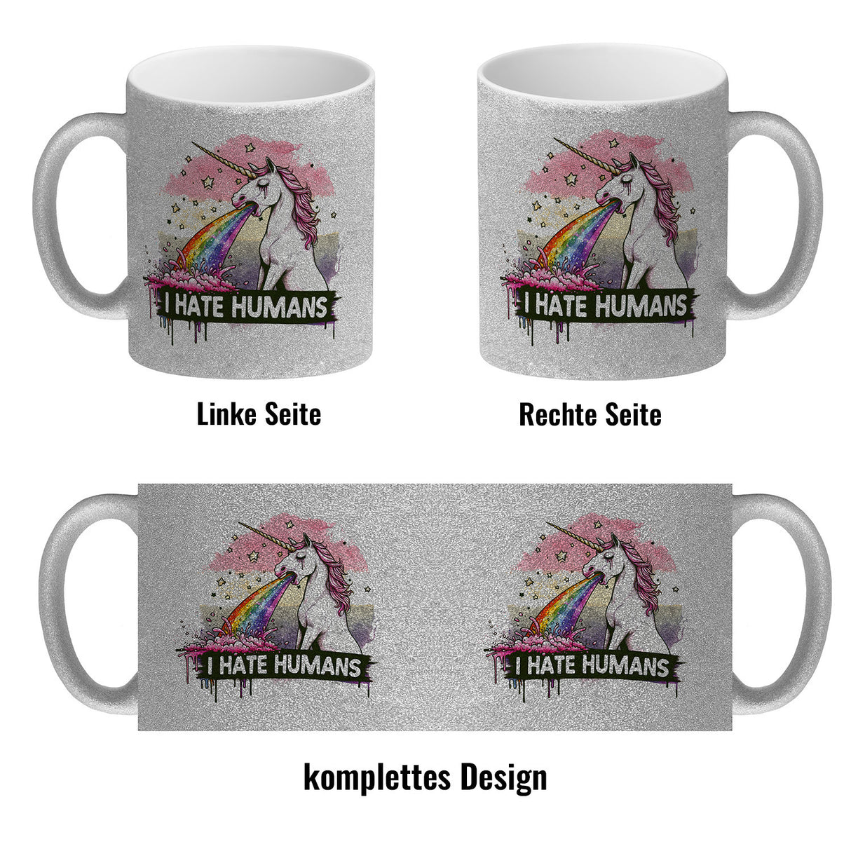 Einhorn kotzt Regenbogen Kaffeebecher mit Spruch I hate Humans