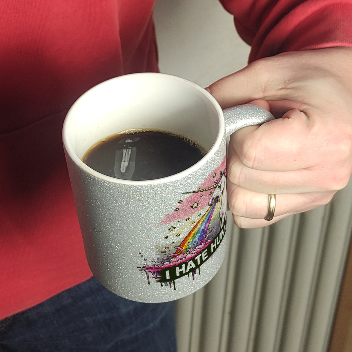 Einhorn kotzt Regenbogen Kaffeebecher mit Spruch I hate Humans