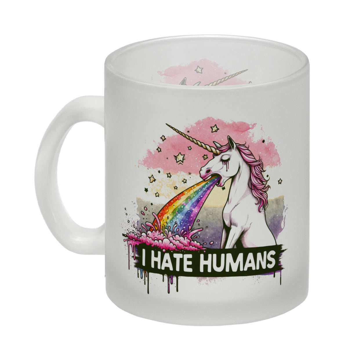 Einhorn kotzt Regenbogen Kaffeebecher mit Spruch I hate Humans